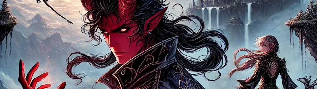 Vestinus gazes outward from the Tales of Veldrith banner